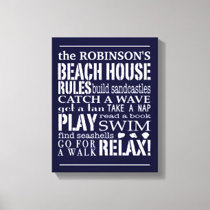 Gepersonaliseerde familie Beach House Rules Navy Canvas Afdruk