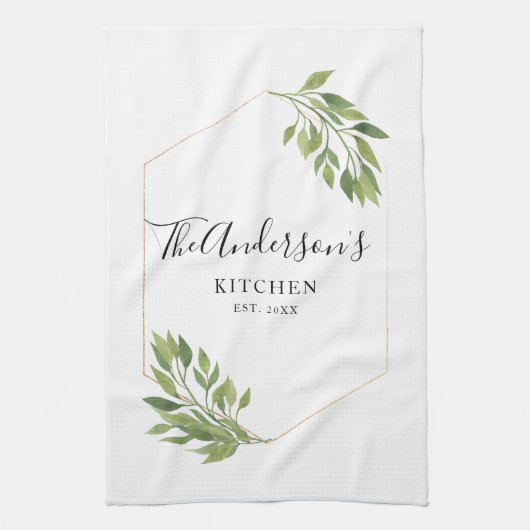 Gepersonaliseerde familie Kitchen Greenery Theedoek (Verticaal)