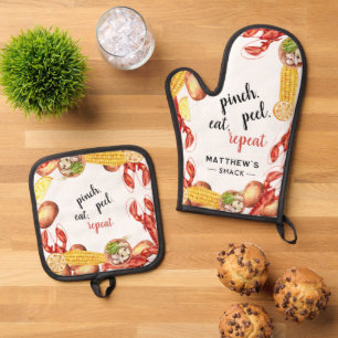 Gepersonaliseerde familie kreeft koken barbecue ovenwant & pannenlap set