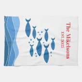 Gepersonaliseerde familie Moderne blauwe kustvis Theedoek (Horizontaal)