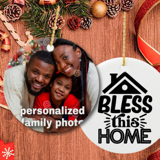 Gepersonaliseerde familiefoto met kerstcitaat keramisch ornament