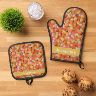 Gepersonaliseerde Faux Candy Corn Pattern Ovenwant & Pannenlap Set