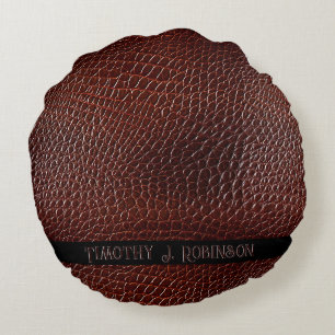 Gepersonaliseerde Faux Leather Brown reliëf Rond Kussen