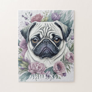 Gepersonaliseerde Fawn Pug Waterverf Floral Legpuzzel