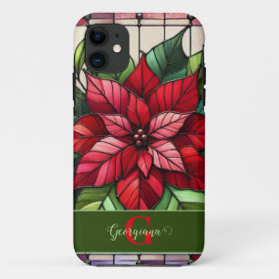 Gepersonaliseerde feestelijke Glas in lood poinset iPhone 11 Hoesje
