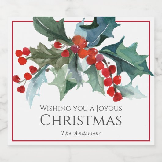 Gepersonaliseerde feestelijke kerst Holly en besse Sparkling Wijnetiket (Enkel label)