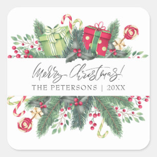 Gepersonaliseerde feestelijke vrolijke kerst decor vierkante sticker