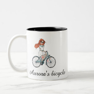 Gepersonaliseerde fiets voor haar aangepaste naam tweekleurige koffiemok