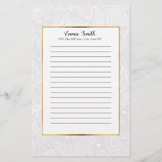 Gepersonaliseerde fijne witte paisley kant briefpapier (Voorkant)