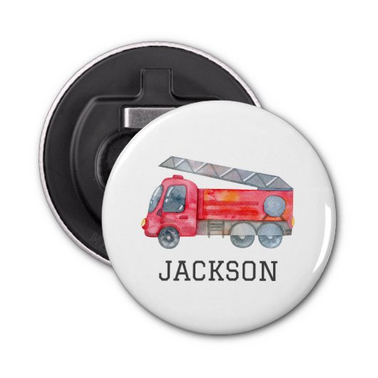 Gepersonaliseerde Firetruck verjaardagsfeestje Button Flesopener (Voorkant)