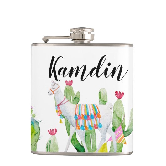 Gepersonaliseerde fles Boho Llama Bohemian Cacti D Heupfles (Voorkant)