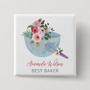 Gepersonaliseerde Floral Bowl en Whisker Bakers Vierkante Button 5,1 Cm