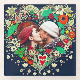 Gepersonaliseerde Floral Heart Lijst Foto Glazen Onderzetter