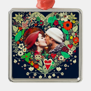 Gepersonaliseerde Floral Heart Lijst Foto Metalen Ornament