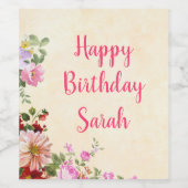 Gepersonaliseerde Floral  Script Happy Birthday Wijn Etiket (Enkel label)