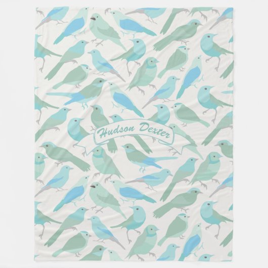Gepersonaliseerde Folk Art Blauw en Mint Bird Patr Fleece Deken (Voorkant)