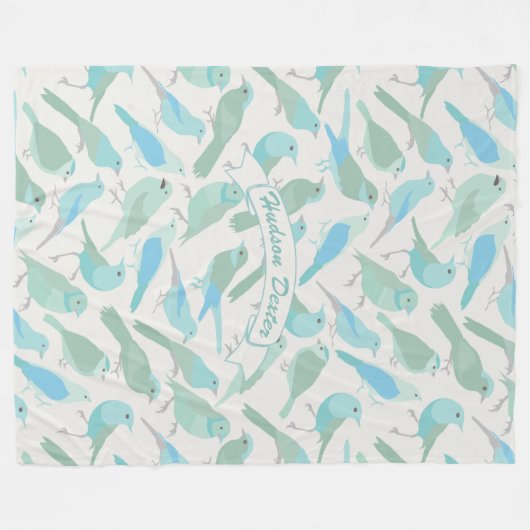 Gepersonaliseerde Folk Art Blauw en Mint Bird Patr Fleece Deken (Voorkant (Horizontaal))