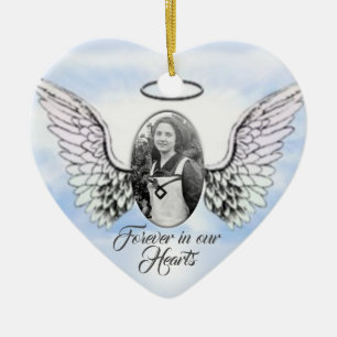 Gepersonaliseerde foto Angel Wings en Heart Memori Keramisch Ornament