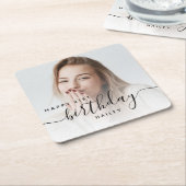 Gepersonaliseerde foto Black Script 21e verjaardag Vierkante Kartonnen Onderzetter (Schuin)