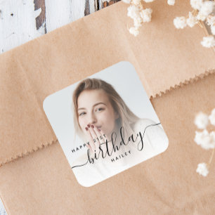Gepersonaliseerde foto Black Script 21e verjaardag Vierkante Sticker