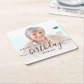 Gepersonaliseerde foto Black Script 70e verjaardag Vierkante Kartonnen Onderzetter (Schuin)