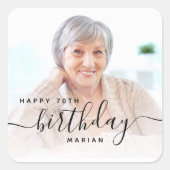 Gepersonaliseerde foto Black Script 70e verjaardag Vierkante Sticker (Voorkant)