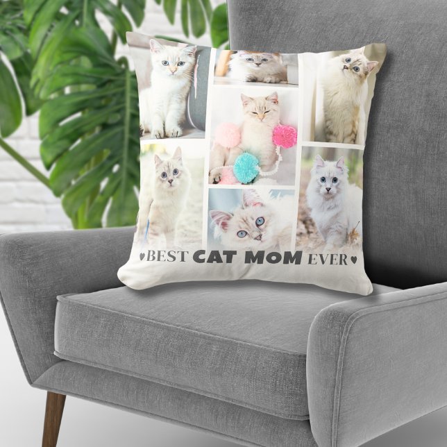 Gepersonaliseerde foto Cat Mom Kussen (Personalized Photo Collage Cat Mom Throw Pillow)