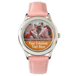 Gepersonaliseerde foto en tekst Girly Sinaasappel Horloge
