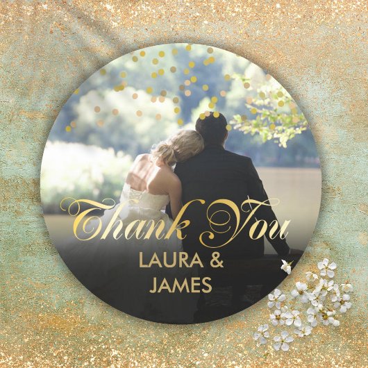 Gepersonaliseerde foto Gold Confetti Script Dank u Ronde Sticker