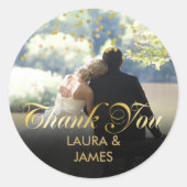 Gepersonaliseerde foto Gold Confetti Script Dank u Ronde Sticker (Voorkant)