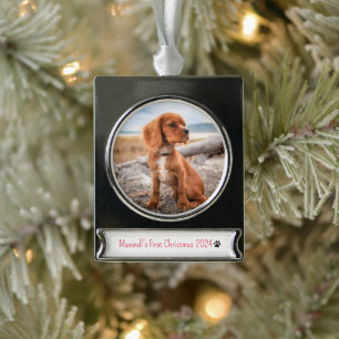 Gepersonaliseerde Foto Honden Eerste Kerst 2024 Verzilverd Banner Ornament