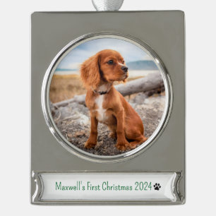 Gepersonaliseerde Foto Honden Eerste Kerst 2024 Verzilverd Banner Ornament