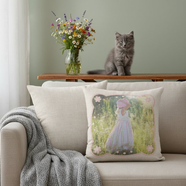 Gepersonaliseerde foto kussen - rustieke boerderij (Personalized photo pillow with a printed burlap rustic look.)