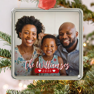 Gepersonaliseerde foto met moderne familienaam metalen ornament