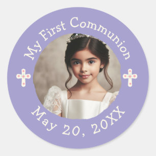 Gepersonaliseerde foto Mijn eerste communie Bloeme Ronde Sticker