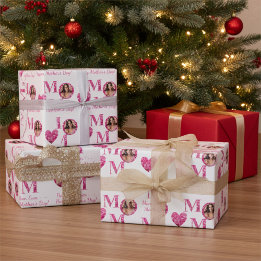 Gepersonaliseerde Foto Roze Bloemen Lettering Hart Cadeaupapier