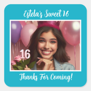 Gepersonaliseerde foto Sweet 16th Birthday Bedankt Vierkante Sticker