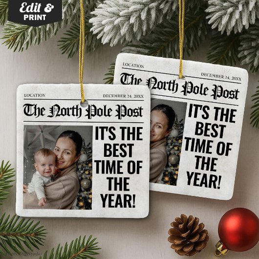 Gepersonaliseerde foto van de kerstkrant keramisch ornament