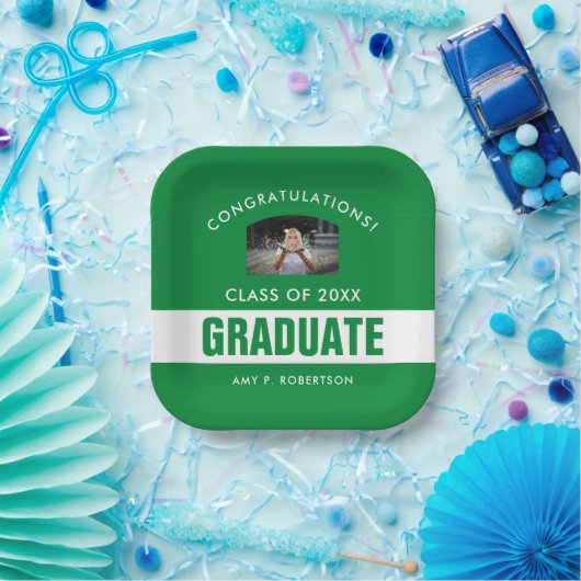Gepersonaliseerde foto van Groen en Wit Afstuderen Papieren Bordje (Feest)