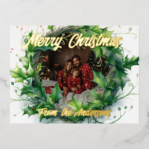 Gepersonaliseerde foto Waterverf Holly Wreath Folie Feestdagen Briefkaart