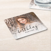 Gepersonaliseerde foto Zwart Script 18e verjaardag Vierkante Kartonnen Onderzetter (Schuin)