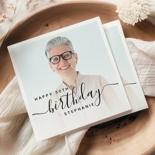 Gepersonaliseerde Foto Zwart Script 50e verjaardag Servet