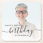 Gepersonaliseerde Foto Zwart Script 50e verjaardag Vierkante Kartonnen Onderzetter (Voorkant)