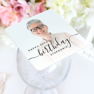 Gepersonaliseerde Foto Zwart Script 50e verjaardag Vierkante Kartonnen Onderzetter