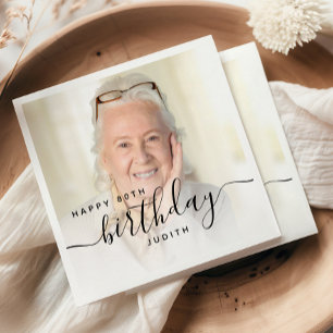 Gepersonaliseerde Foto Zwart Script 80e verjaardag Servet