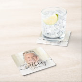 Gepersonaliseerde Foto Zwart Script 80e verjaardag Vierkante Kartonnen Onderzetter (Insitu)