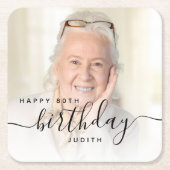 Gepersonaliseerde Foto Zwart Script 80e verjaardag Vierkante Kartonnen Onderzetter (Voorkant)