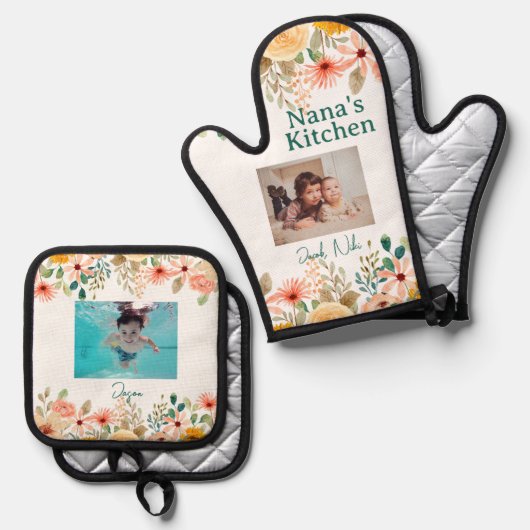 Gepersonaliseerde fotocollage Nana oma's keuken Ovenwant & Pannenlap Set (Voorkant / Achterkant)