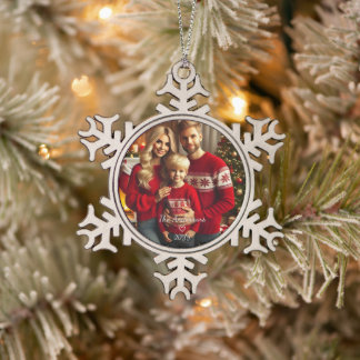 Gepersonaliseerde fotofamilie tin sneeuwvlok ornament