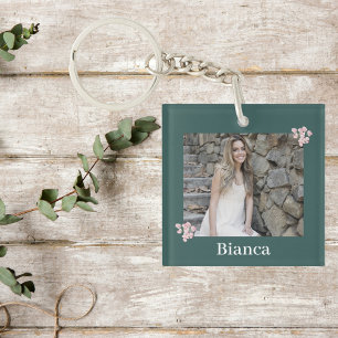 Gepersonaliseerde Fotonaam Pink Floral Hunter Gree Sleutelhanger